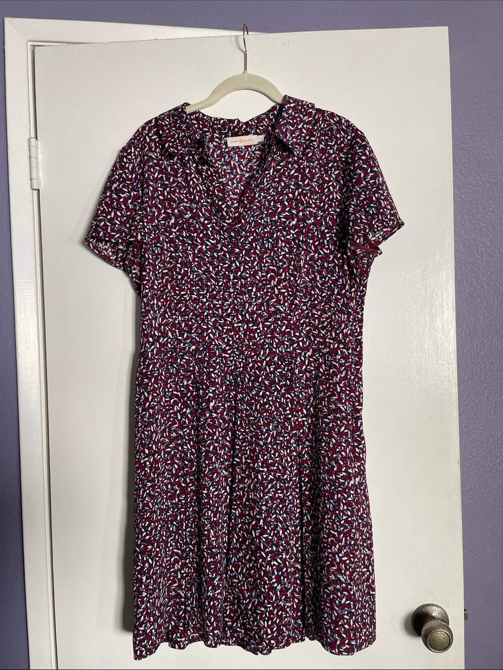 Tory Burch Burgundy Floral-Print Short-Sleeve Midi Dress